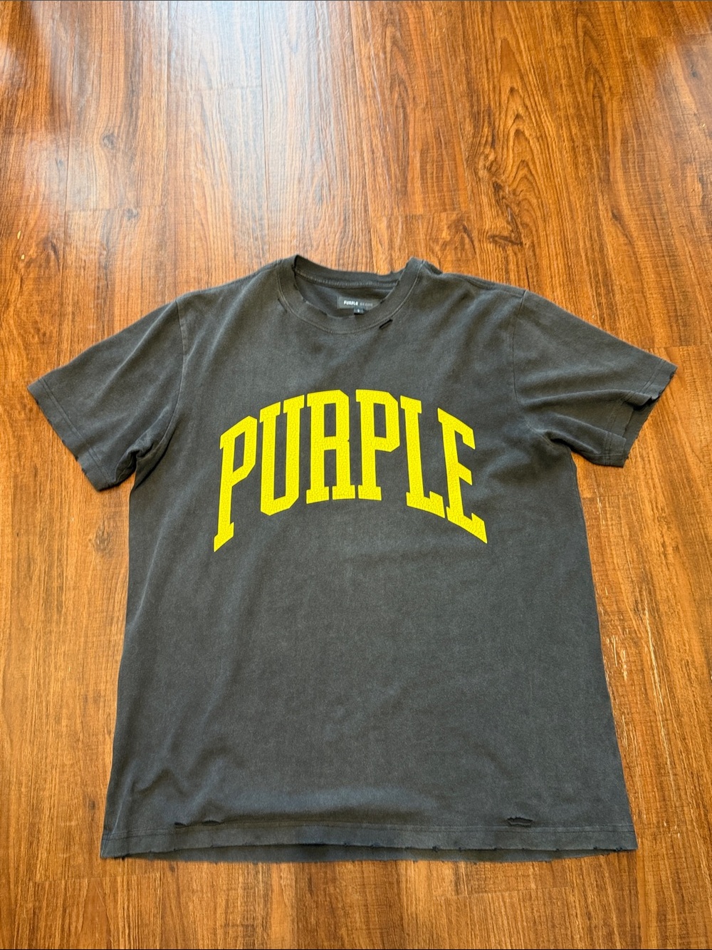 Purple Black distressed Graphic Tee with Yellow "PURPLE" size Large